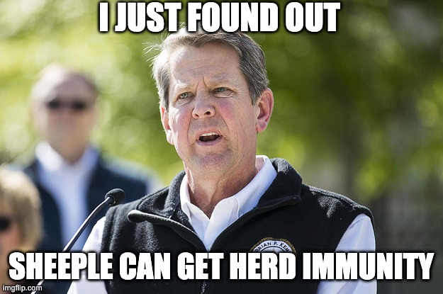 kemp sheeple | I JUST FOUND OUT; SHEEPLE CAN GET HERD IMMUNITY | image tagged in idiot brian kemp | made w/ Imgflip meme maker