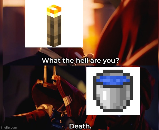 water on torches are not good | image tagged in what the hell are you death | made w/ Imgflip meme maker