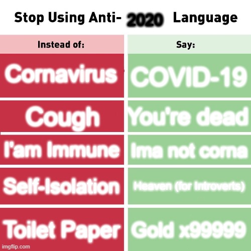 2020 | 2020; Cornavirus; COVID-19; You're dead; Cough; I'am Immune; Ima not corna; Self-Isolation; Heaven (for Introverts); Toilet Paper; Gold x99999 | image tagged in stop using anti-animal language | made w/ Imgflip meme maker
