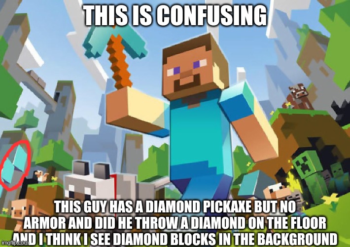 minecraft is confusing | THIS IS CONFUSING; THIS GUY HAS A DIAMOND PICKAXE BUT NO ARMOR AND DID HE THROW A DIAMOND ON THE FLOOR AND I THINK I SEE DIAMOND BLOCKS IN THE BACKGROUND | image tagged in minecraft | made w/ Imgflip meme maker