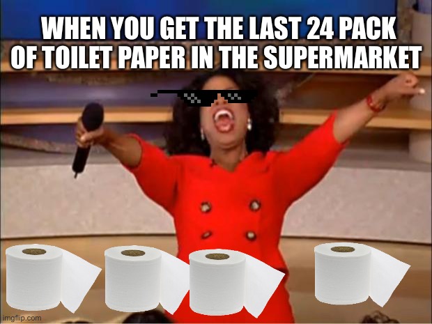 Yes!!!!!!!!!!!! | WHEN YOU GET THE LAST 24 PACK OF TOILET PAPER IN THE SUPERMARKET | image tagged in memes,oprah you get a | made w/ Imgflip meme maker