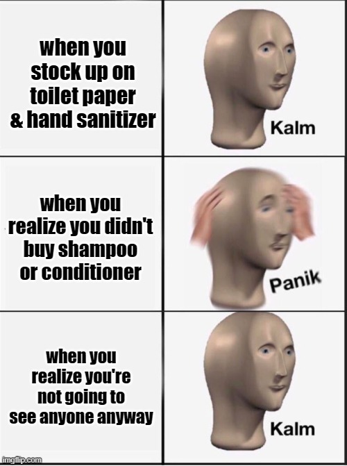 Reverse kalm panik | when you stock up on toilet paper & hand sanitizer; when you realize you didn't buy shampoo or conditioner; when you realize you're not going to see anyone anyway | image tagged in reverse kalm panik | made w/ Imgflip meme maker