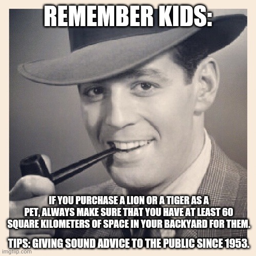 Tips O'Callaghan # 13 | REMEMBER KIDS:; IF YOU PURCHASE A LION OR A TIGER AS A PET, ALWAYS MAKE SURE THAT YOU HAVE AT LEAST 60 SQUARE KILOMETERS OF SPACE IN YOUR BACKYARD FOR THEM. TIPS: GIVING SOUND ADVICE TO THE PUBLIC SINCE 1953. | image tagged in advice,funny memes | made w/ Imgflip meme maker