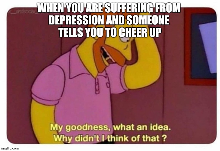Awesome idea. | WHEN YOU ARE SUFFERING FROM 
DEPRESSION AND SOMEONE 
TELLS YOU TO CHEER UP | image tagged in why didnt i think of that | made w/ Imgflip meme maker