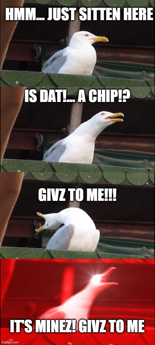 Inhaling Seagull | HMM... JUST SITTEN HERE; IS DAT!... A CHIP!? GIVZ TO ME!!! IT'S MINEZ! GIVZ TO ME | image tagged in memes,inhaling seagull | made w/ Imgflip meme maker
