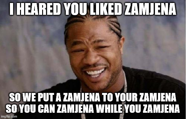 Yo Dawg Heard You Meme | I HEARED YOU LIKED ZAMJENA; SO WE PUT A ZAMJENA TO YOUR ZAMJENA SO YOU CAN ZAMJENA WHILE YOU ZAMJENA | image tagged in memes,yo dawg heard you | made w/ Imgflip meme maker