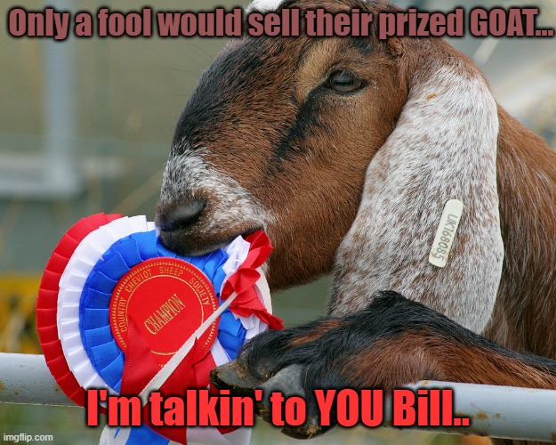Goat B Gone | Only a fool would sell their prized GOAT... I'm talkin' to YOU Bill.. | image tagged in bill sux | made w/ Imgflip meme maker