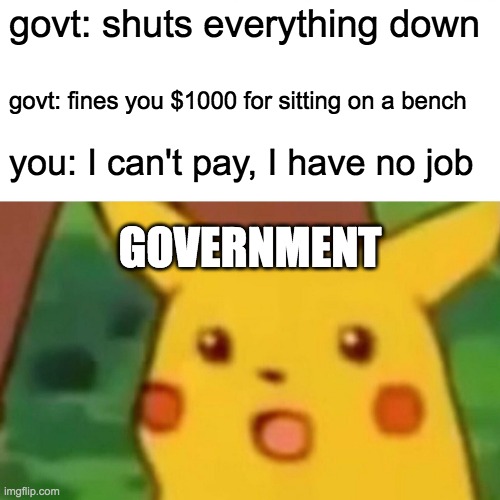 Surprised Pikachu Meme | govt: shuts everything down; govt: fines you $1000 for sitting on a bench; you: I can't pay, I have no job; GOVERNMENT | image tagged in memes,surprised pikachu | made w/ Imgflip meme maker