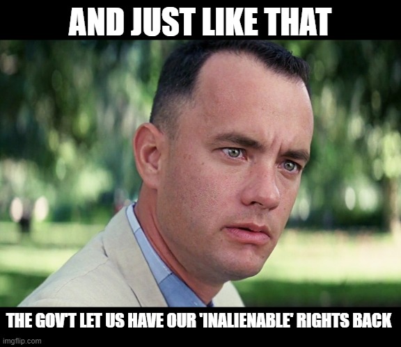 OUR INALIENABLE RIGHTS | AND JUST LIKE THAT; THE GOV'T LET US HAVE OUR 'INALIENABLE' RIGHTS BACK | image tagged in and just like that,forrest gump,rights,coronavirus,sarcasm | made w/ Imgflip meme maker