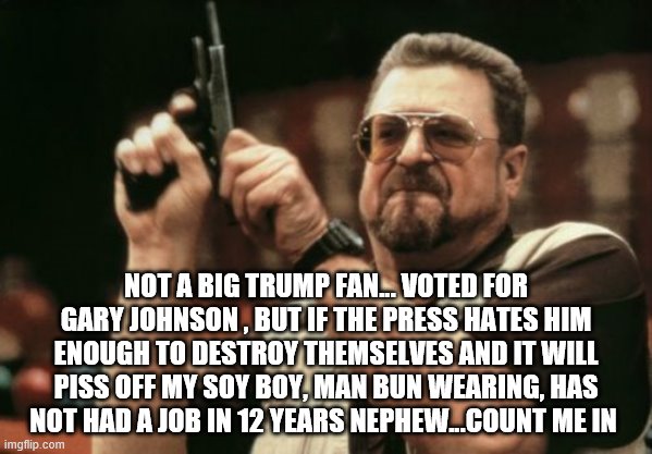 we all have or reasons some are better than others | NOT A BIG TRUMP FAN... VOTED FOR GARY JOHNSON , BUT IF THE PRESS HATES HIM ENOUGH TO DESTROY THEMSELVES AND IT WILL PISS OFF MY SOY BOY, MAN BUN WEARING, HAS NOT HAD A JOB IN 12 YEARS NEPHEW...COUNT ME IN | image tagged in memes,am i the only one around here,2020 elections,joe biden | made w/ Imgflip meme maker