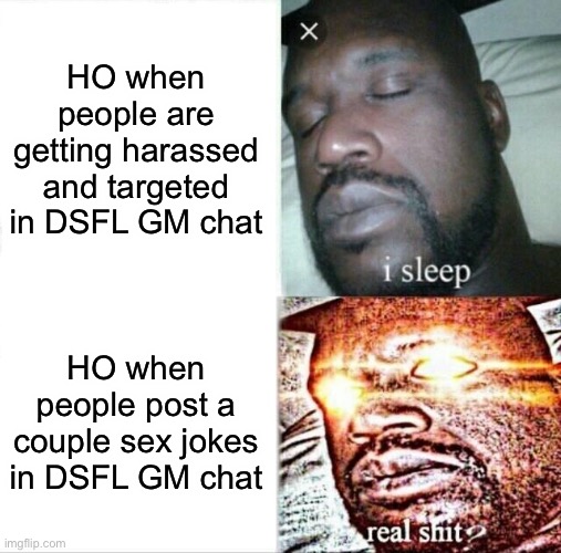 Sleeping Shaq Meme | HO when people are getting harassed and targeted in DSFL GM chat; HO when people post a couple sex jokes in DSFL GM chat | image tagged in memes,sleeping shaq | made w/ Imgflip meme maker