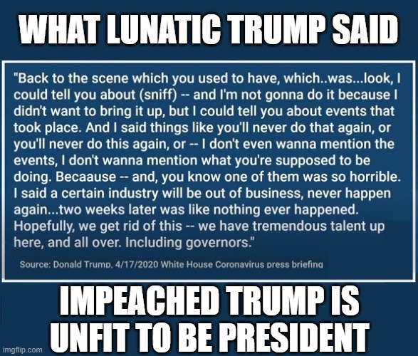 Time for the 25th Amendment | WHAT LUNATIC TRUMP SAID; IMPEACHED TRUMP IS UNFIT TO BE PRESIDENT | image tagged in donald trump is an idiot,unfit to be president,impeached,psychopath,pathological liar,murderer | made w/ Imgflip meme maker