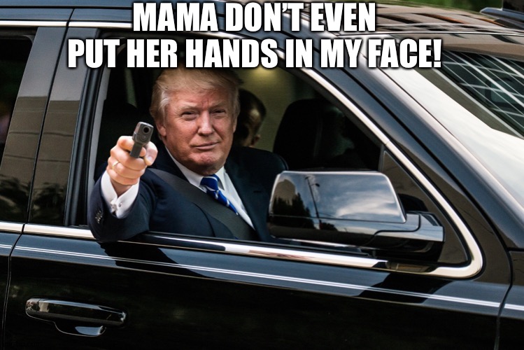 trump gun | MAMA DON’T EVEN PUT HER HANDS IN MY FACE! | image tagged in trump gun | made w/ Imgflip meme maker