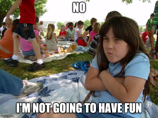 Grumpy Girl | NO; I'M NOT GOING TO HAVE FUN | image tagged in grumpy girl | made w/ Imgflip meme maker