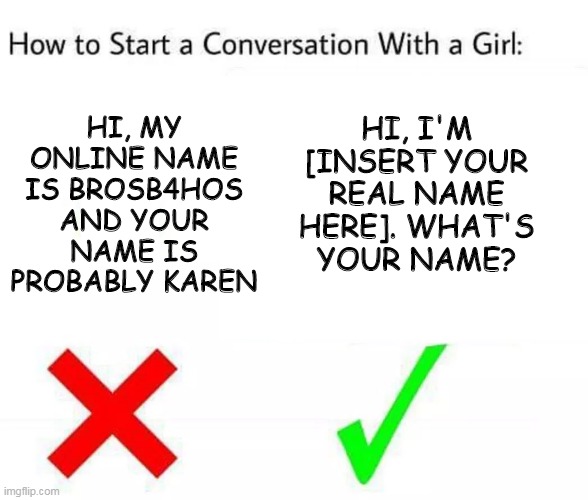 How to Start a Conversation with a Girl | HI, I'M [INSERT YOUR REAL NAME HERE]. WHAT'S YOUR NAME? HI, MY ONLINE NAME IS BROSB4HOS AND YOUR NAME IS PROBABLY KAREN | image tagged in how to start a conversation with a girl | made w/ Imgflip meme maker