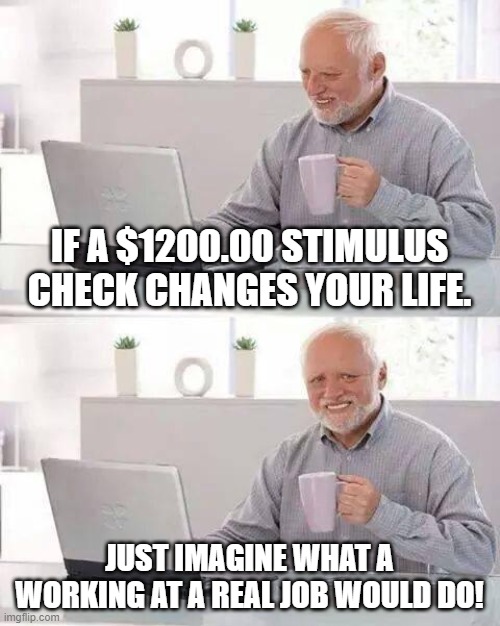 Get a Job | IF A $1200.00 STIMULUS CHECK CHANGES YOUR LIFE. JUST IMAGINE WHAT A WORKING AT A REAL JOB WOULD DO! | image tagged in memes,hide the pain harold | made w/ Imgflip meme maker