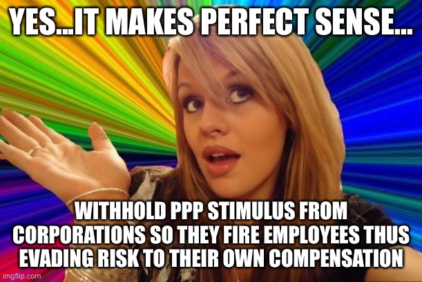 Dumb Blonde Meme | YES...IT MAKES PERFECT SENSE... WITHHOLD PPP STIMULUS FROM CORPORATIONS SO THEY FIRE EMPLOYEES THUS EVADING RISK TO THEIR OWN COMPENSATION | image tagged in memes,dumb blonde | made w/ Imgflip meme maker