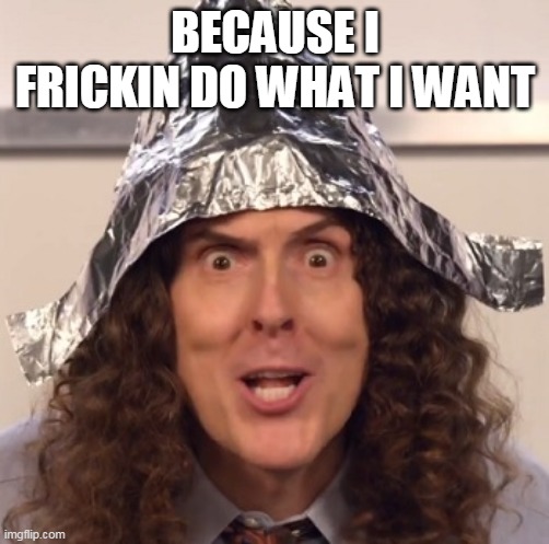 Weird al tinfoil hat | BECAUSE I FRICKIN DO WHAT I WANT | image tagged in weird al tinfoil hat | made w/ Imgflip meme maker