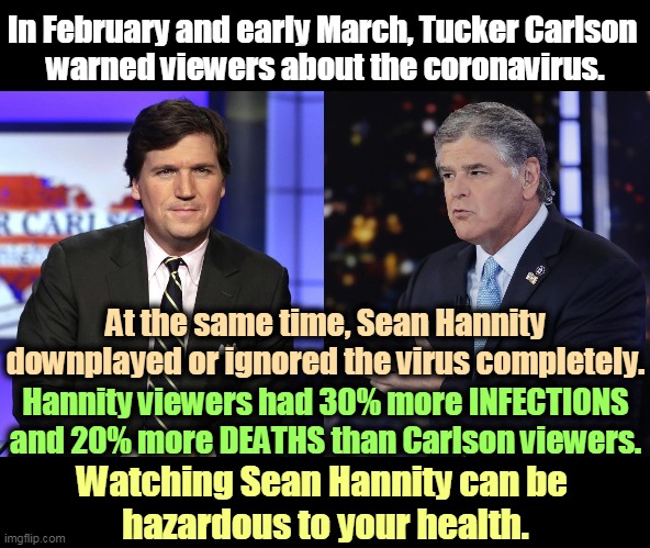 Fox News can't be relied on if you want to stay alive. | In February and early March, Tucker Carlson 
warned viewers about the coronavirus. At the same time, Sean Hannity downplayed or ignored the virus completely. Hannity viewers had 30% more INFECTIONS and 20% more DEATHS than Carlson viewers. Watching Sean Hannity can be 
hazardous to your health. | image tagged in coronavirus,covid-19,tucker carlson,sean hannity,fake news,lies | made w/ Imgflip meme maker