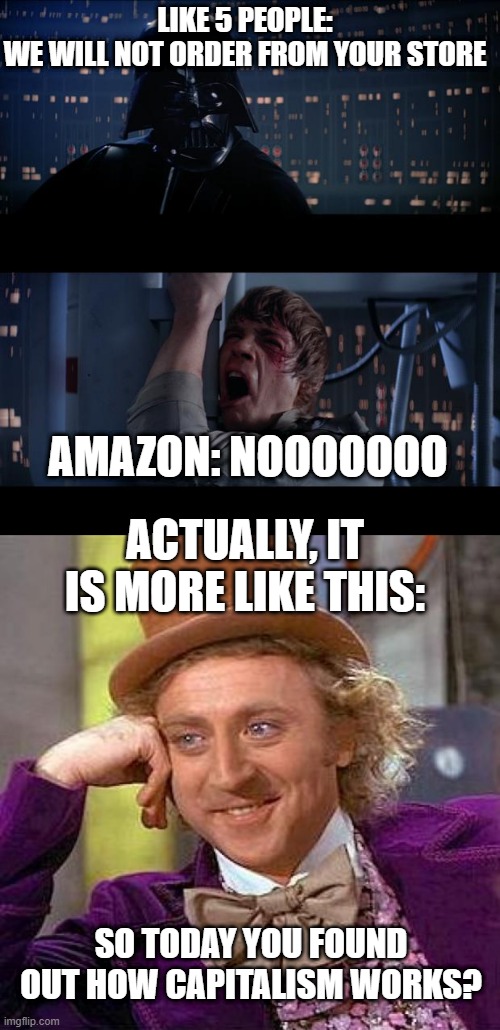 People refusing to buy from Amazon | LIKE 5 PEOPLE:
WE WILL NOT ORDER FROM YOUR STORE; AMAZON: NOOOOOOO; ACTUALLY, IT IS MORE LIKE THIS:; SO TODAY YOU FOUND OUT HOW CAPITALISM WORKS? | image tagged in memes,amazon,ban,creepy condescending wonka,star wars no | made w/ Imgflip meme maker