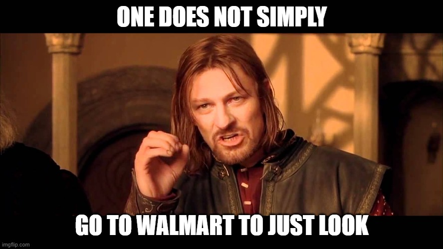 one does not simply... | ONE DOES NOT SIMPLY; GO TO WALMART TO JUST LOOK | image tagged in meme | made w/ Imgflip meme maker