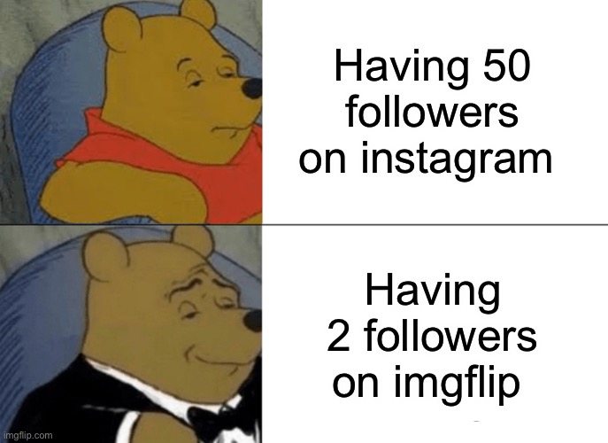 Tuxedo Winnie The Pooh Meme | Having 50 followers on instagram; Having 2 followers on imgflip | image tagged in memes,tuxedo winnie the pooh | made w/ Imgflip meme maker