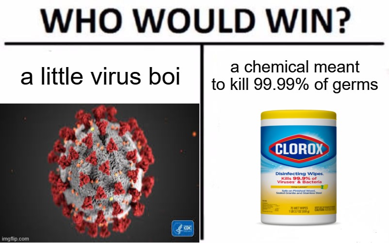 Who would win? | a little virus boi; a chemical meant to kill 99.99% of germs | image tagged in covid-19,clorox | made w/ Imgflip meme maker