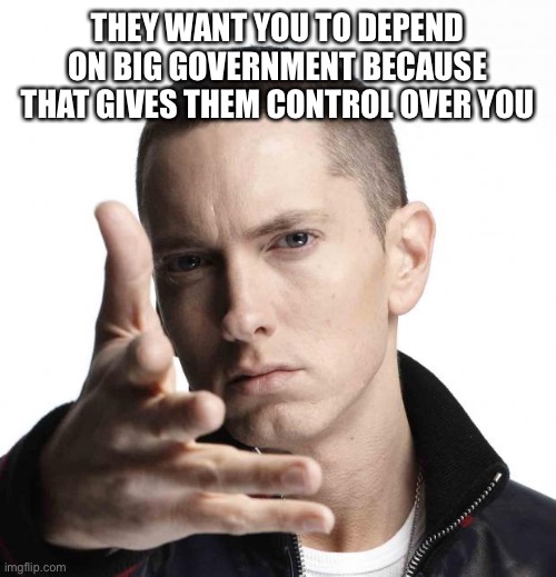 Eminem video game logic | THEY WANT YOU TO DEPEND ON BIG GOVERNMENT BECAUSE THAT GIVES THEM CONTROL OVER YOU | image tagged in eminem video game logic | made w/ Imgflip meme maker