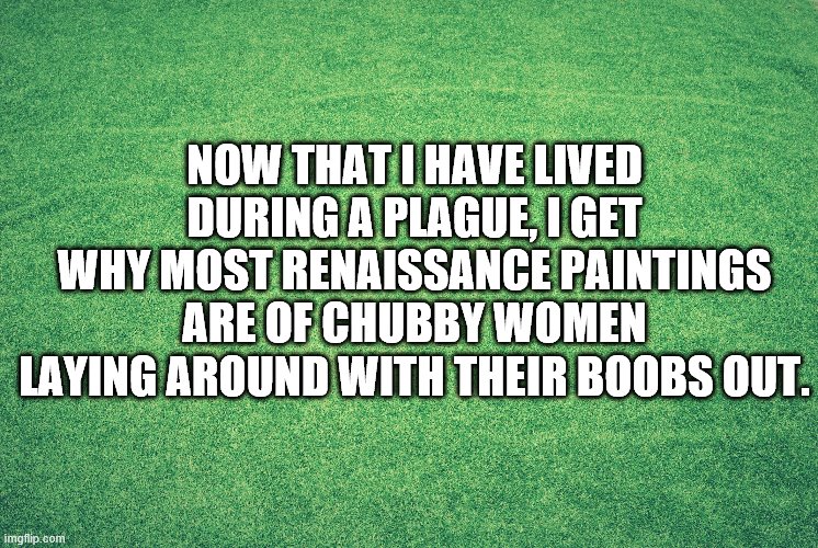plain | NOW THAT I HAVE LIVED DURING A PLAGUE, I GET WHY MOST RENAISSANCE PAINTINGS ARE OF CHUBBY WOMEN LAYING AROUND WITH THEIR BOOBS OUT. | image tagged in plain | made w/ Imgflip meme maker