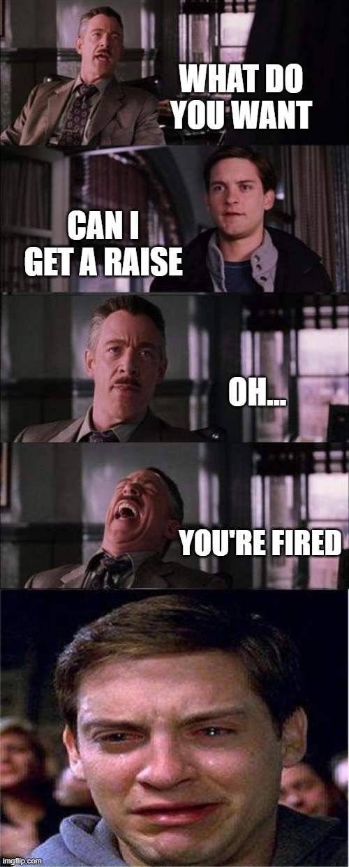 Peter Parker Cry | WHAT DO YOU WANT; CAN I GET A RAISE; OH... YOU'RE FIRED | image tagged in memes,peter parker cry | made w/ Imgflip meme maker