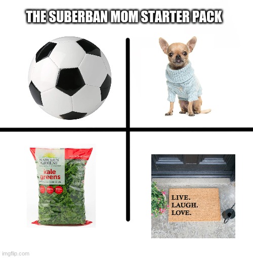 There's a lot of things I need to add but the template is too small | THE SUBERBAN MOM STARTER PACK | image tagged in memes,blank starter pack,karen,white people,oblivious suburban mom | made w/ Imgflip meme maker