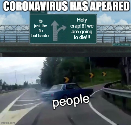 Left Exit 12 Off Ramp | CORONAVIRUS HAS APEARED; its just the flu but harder; Holy crap!!!! we are going to die!!! people | image tagged in memes,left exit 12 off ramp | made w/ Imgflip meme maker