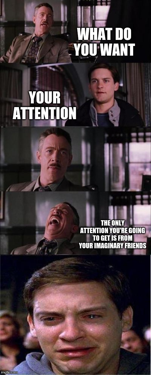 Peter Parker Cry Meme | WHAT DO YOU WANT; YOUR ATTENTION; THE ONLY ATTENTION YOU'RE GOING TO GET IS FROM YOUR IMAGINARY FRIENDS | image tagged in memes,peter parker cry | made w/ Imgflip meme maker