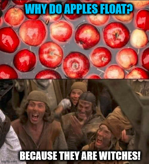 But can you burn them? | WHY DO APPLES FLOAT? BECAUSE THEY ARE WITCHES! | image tagged in apples | made w/ Imgflip meme maker