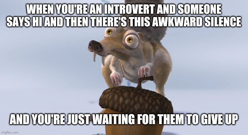 Scrat ice cracking | WHEN YOU'RE AN INTROVERT AND SOMEONE SAYS HI AND THEN THERE'S THIS AWKWARD SILENCE; AND YOU'RE JUST WAITING FOR THEM TO GIVE UP | image tagged in scrat ice cracking | made w/ Imgflip meme maker