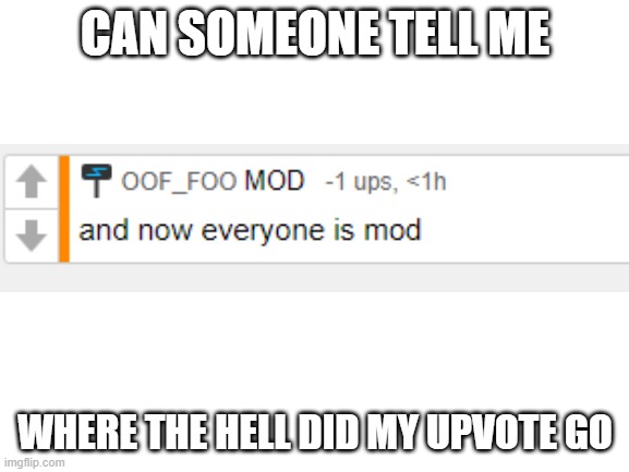 where did my upvote go | CAN SOMEONE TELL ME; WHERE THE HELL DID MY UPVOTE GO | image tagged in blank white template | made w/ Imgflip meme maker