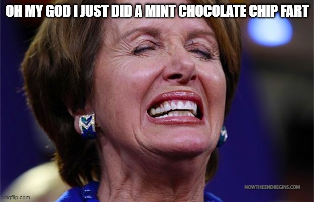 Ice Scream Pelosi | OH MY GOD I JUST DID A MINT CHOCOLATE CHIP FART | image tagged in nancy pelosi | made w/ Imgflip meme maker