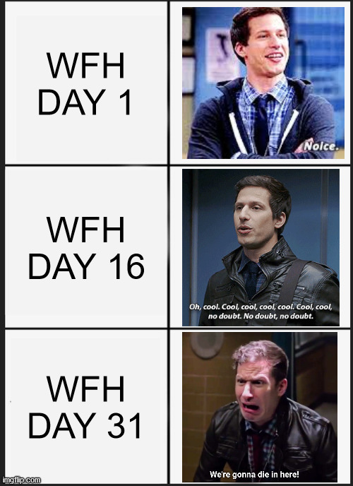 WFH Mental Progress | WFH DAY 1; WFH DAY 16; WFH DAY 31 | image tagged in memes,brooklyn nine nine,jake peralta,noice,work from home,stress | made w/ Imgflip meme maker