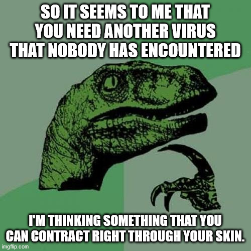 Philosoraptor Meme | SO IT SEEMS TO ME THAT YOU NEED ANOTHER VIRUS THAT NOBODY HAS ENCOUNTERED; I'M THINKING SOMETHING THAT YOU CAN CONTRACT RIGHT THROUGH YOUR SKIN. | image tagged in memes,philosoraptor | made w/ Imgflip meme maker