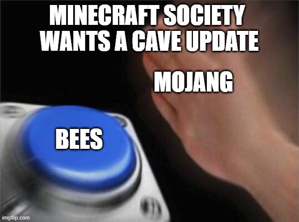 Blank Nut Button | MINECRAFT SOCIETY
 WANTS A CAVE UPDATE; MOJANG; BEES | image tagged in memes,blank nut button | made w/ Imgflip meme maker