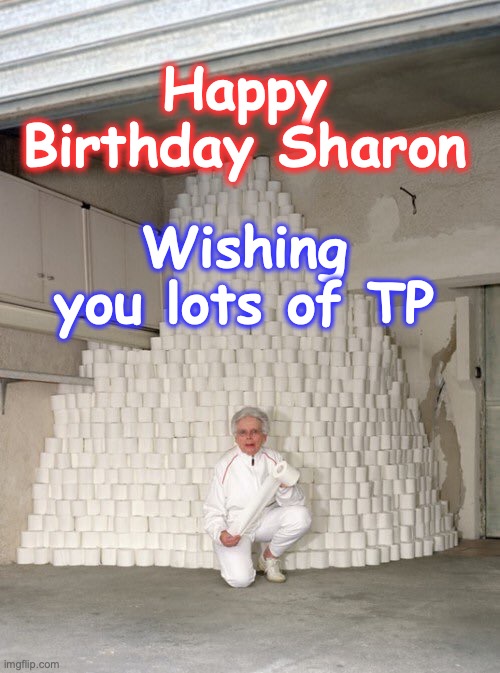 Coronavirus birthday | Happy Birthday Sharon; Wishing you lots of TP | image tagged in mountain of toilet paper | made w/ Imgflip meme maker