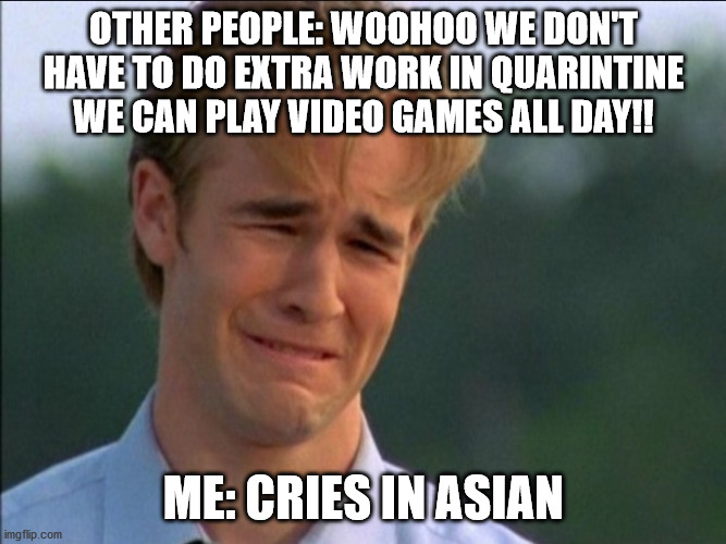 Cries in English | OTHER PEOPLE: WOOHOO WE DON'T HAVE TO DO EXTRA WORK IN QUARINTINE WE CAN PLAY VIDEO GAMES ALL DAY!! ME: CRIES IN ASIAN | image tagged in cries in english | made w/ Imgflip meme maker