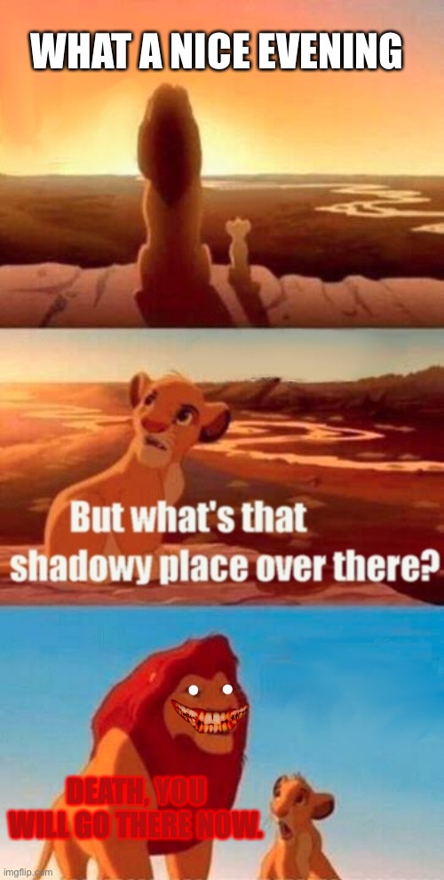 Simba Shadowy Place | WHAT A NICE EVENING; DEATH, YOU WILL GO THERE NOW. | image tagged in memes,simba shadowy place | made w/ Imgflip meme maker