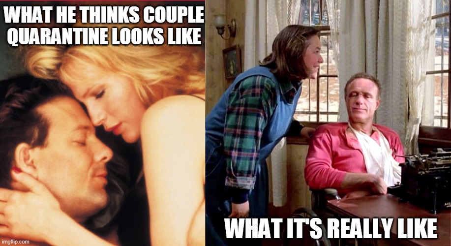 quarantine couple | WHAT HE THINKS COUPLE QUARANTINE LOOKS LIKE; WHAT IT'S REALLY LIKE | image tagged in 9 1/2 weeks,misery,covid | made w/ Imgflip meme maker
