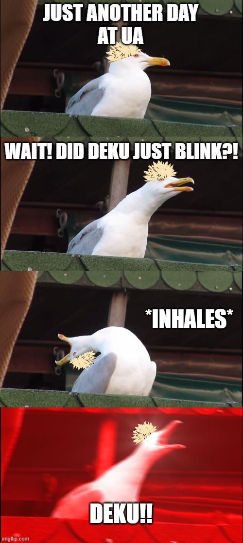 BakuGull | JUST ANOTHER DAY
AT UA; WAIT! DID DEKU JUST BLINK?! *INHALES*; DEKU!! | image tagged in memes,inhaling seagull | made w/ Imgflip meme maker