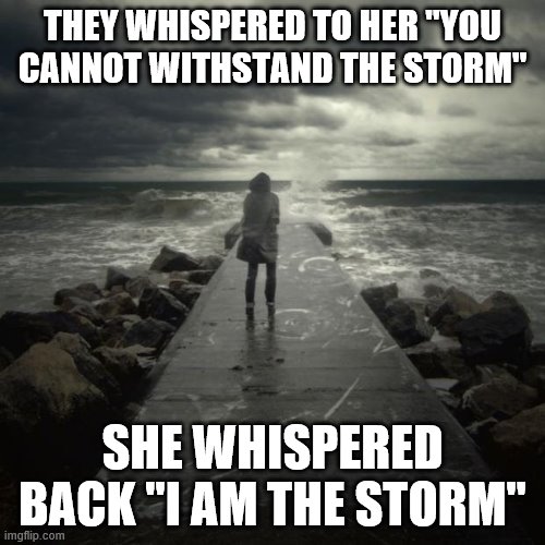 I am the storm | THEY WHISPERED TO HER "YOU CANNOT WITHSTAND THE STORM"; SHE WHISPERED BACK "I AM THE STORM" | image tagged in storm | made w/ Imgflip meme maker