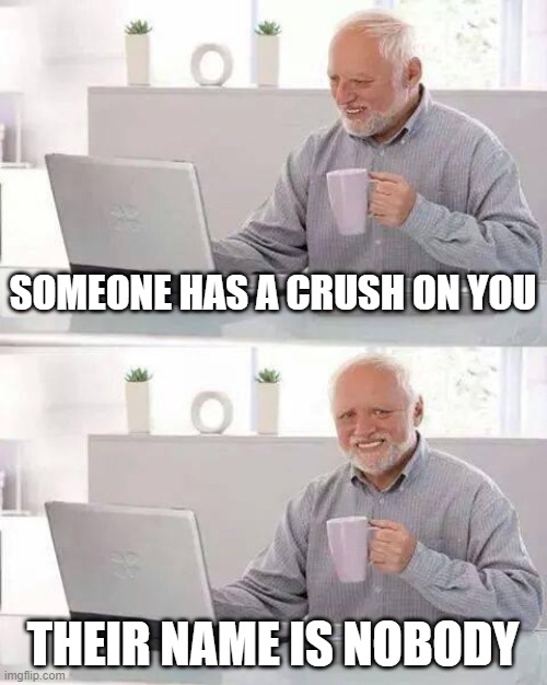 Nobody Has A Crush On You | SOMEONE HAS A CRUSH ON YOU; THEIR NAME IS NOBODY | image tagged in memes,hide the pain harold | made w/ Imgflip meme maker