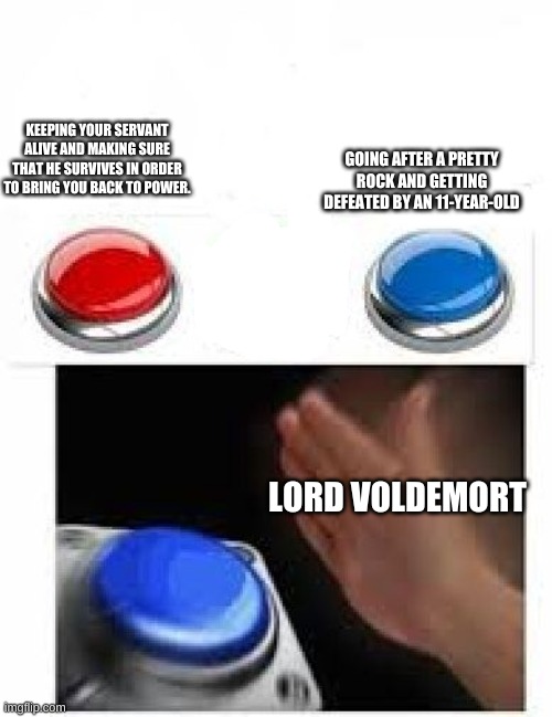 Red Green Blue Buttons | GOING AFTER A PRETTY ROCK AND GETTING DEFEATED BY AN 11-YEAR-OLD; KEEPING YOUR SERVANT ALIVE AND MAKING SURE THAT HE SURVIVES IN ORDER TO BRING YOU BACK TO POWER. LORD VOLDEMORT | image tagged in red green blue buttons | made w/ Imgflip meme maker