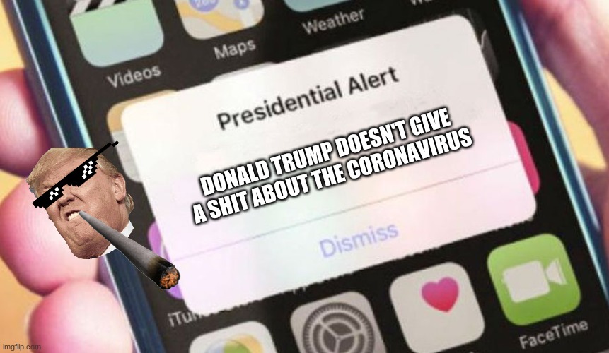 Presidential Alert | DONALD TRUMP DOESN'T GIVE A SHIT ABOUT THE CORONAVIRUS | image tagged in memes,presidential alert | made w/ Imgflip meme maker