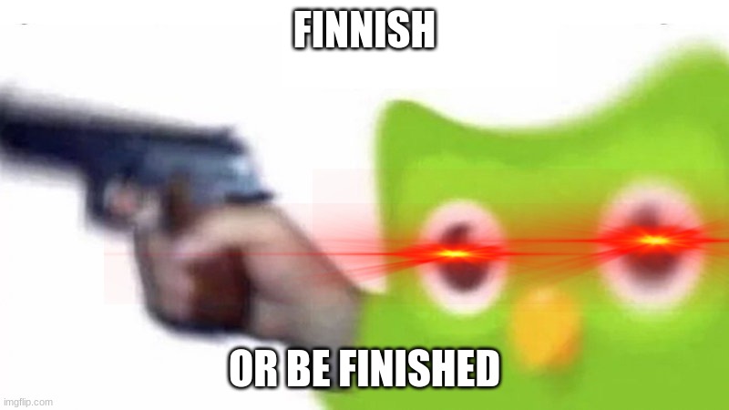 this is for everyone who tries finnish on duolingo | FINNISH; OR BE FINISHED | image tagged in duolingo gun,finland | made w/ Imgflip meme maker